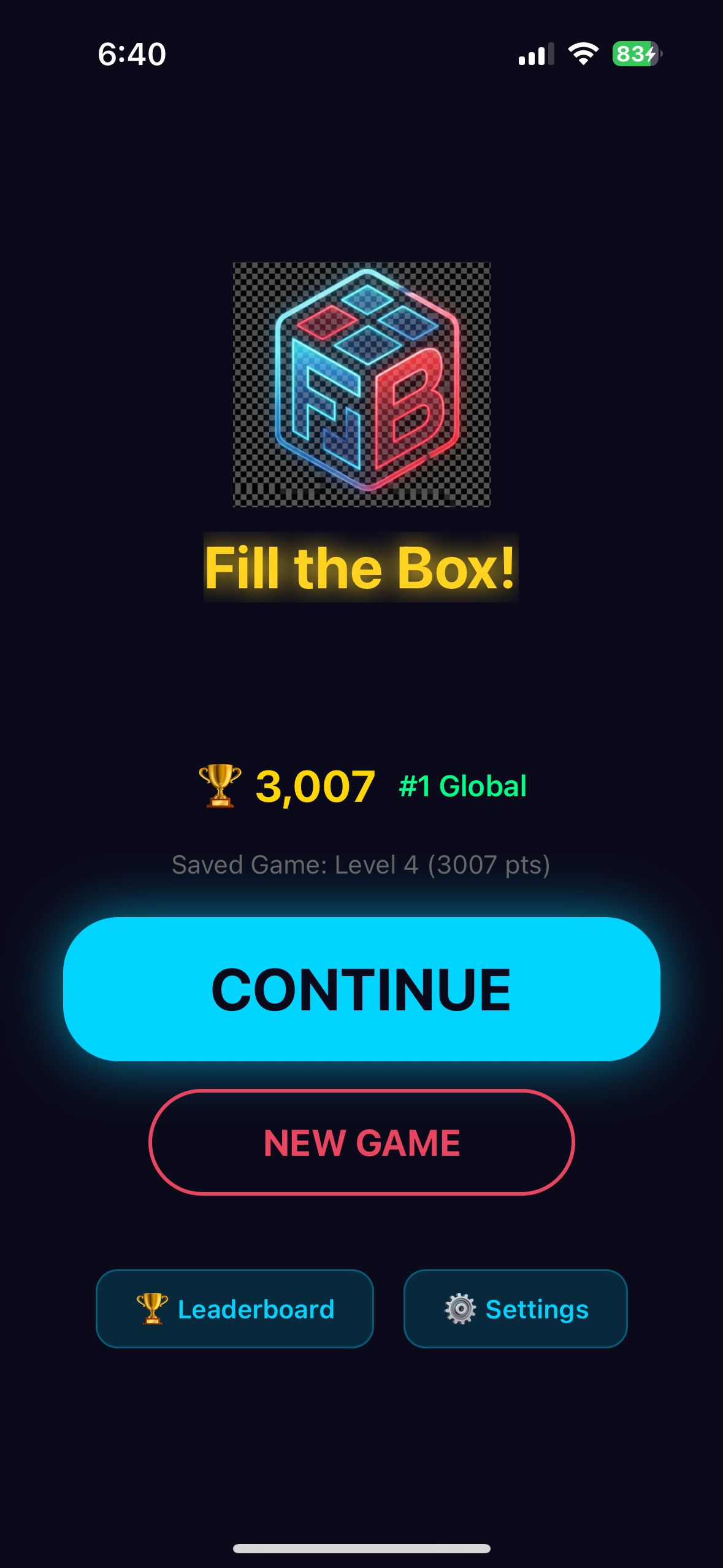 Fill the Box Main Screen